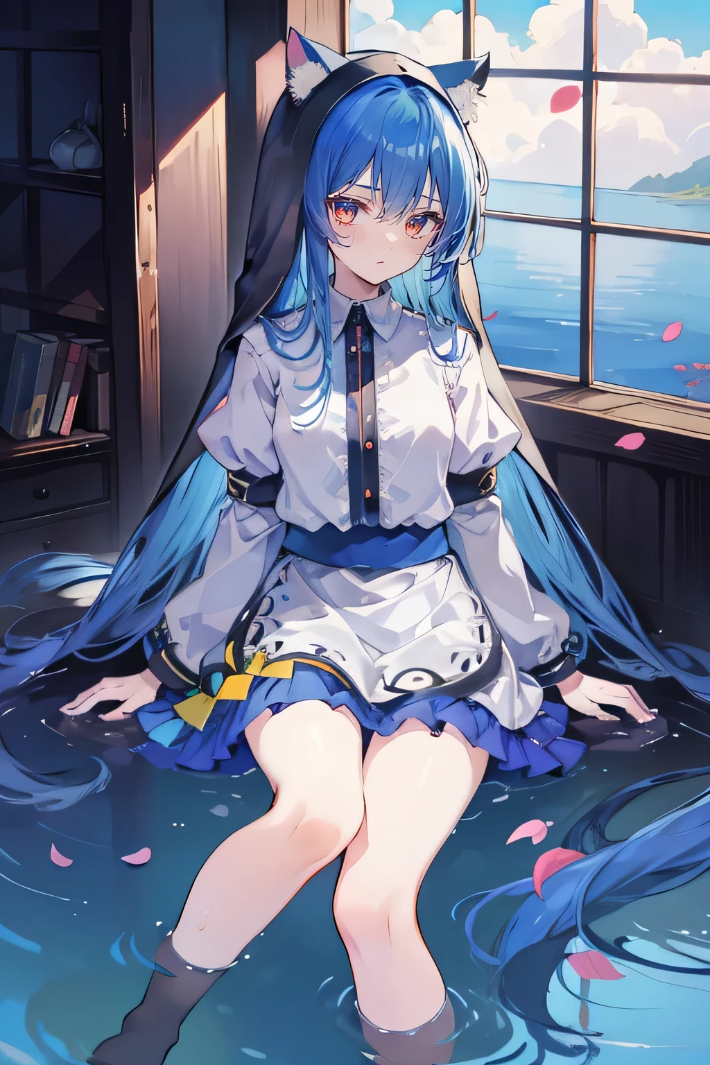 (masterpiece:1.2),Extremely detailed,Practical,expressive eyes,Fair skin,Perfect face shaping,1 Girl,
Japanese cartoons,Gorgeous blue hair, the long flowing blue hair,Floating clothes,Cat ears,Petals fall,beautiful lola,Young Angel,
Place your hands on your waist,sit elegantly on the ground,Cross your legs,Gentle and peaceful background,stately church,nun,lie on the water,Blackening,A look of disdain.