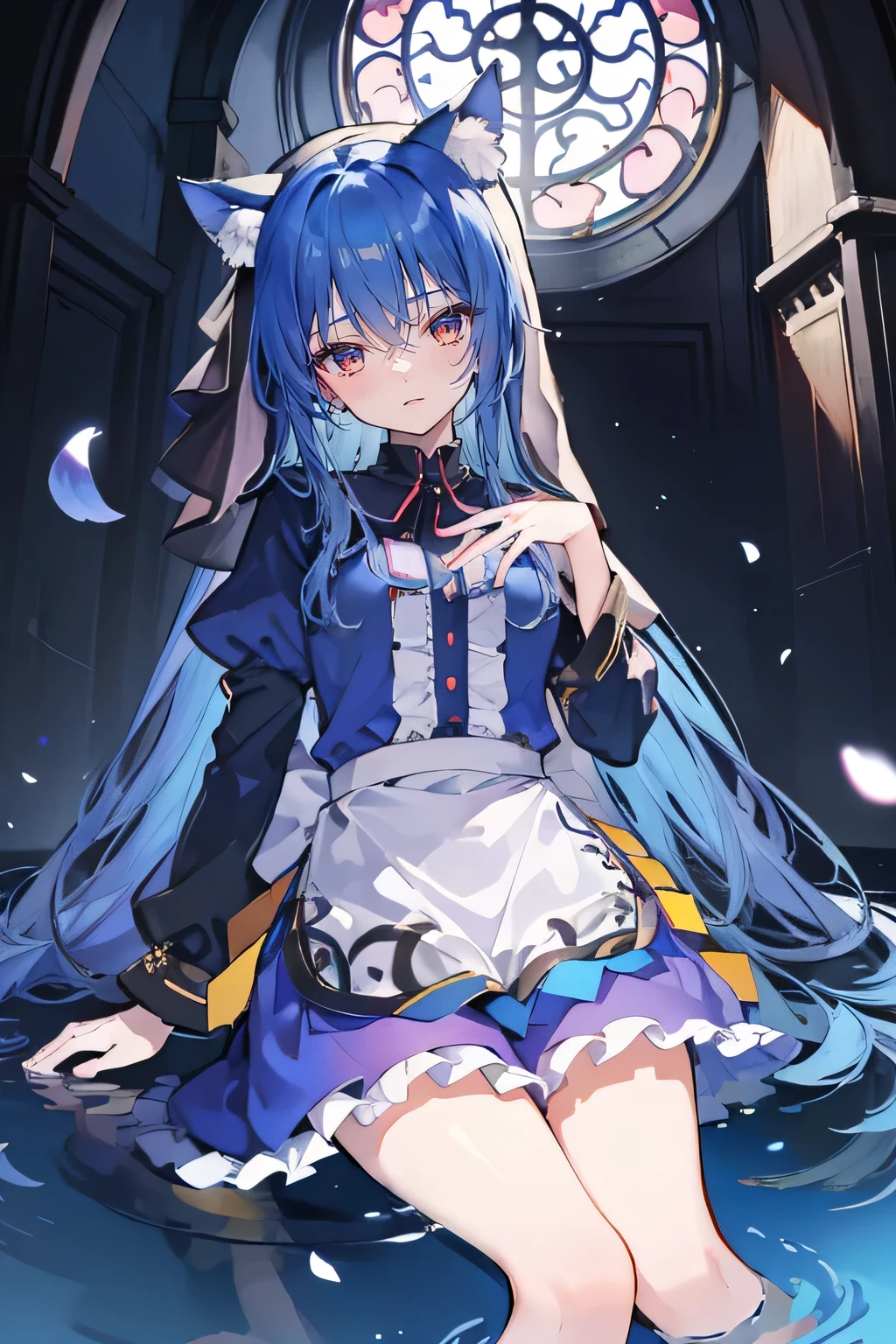 (masterpiece:1.2),Extremely detailed,Practical,expressive eyes,Fair skin,Perfect face shaping,1 Girl,
Japanese cartoons,Gorgeous blue hair, the long flowing blue hair,Floating clothes,Cat ears,Petals fall,beautiful lola,Young Angel,
Place your hands on your waist,sit elegantly on the ground,Cross your legs,Gentle and peaceful background,stately church,nun,lie on the water,Blackening,A look of disdain.