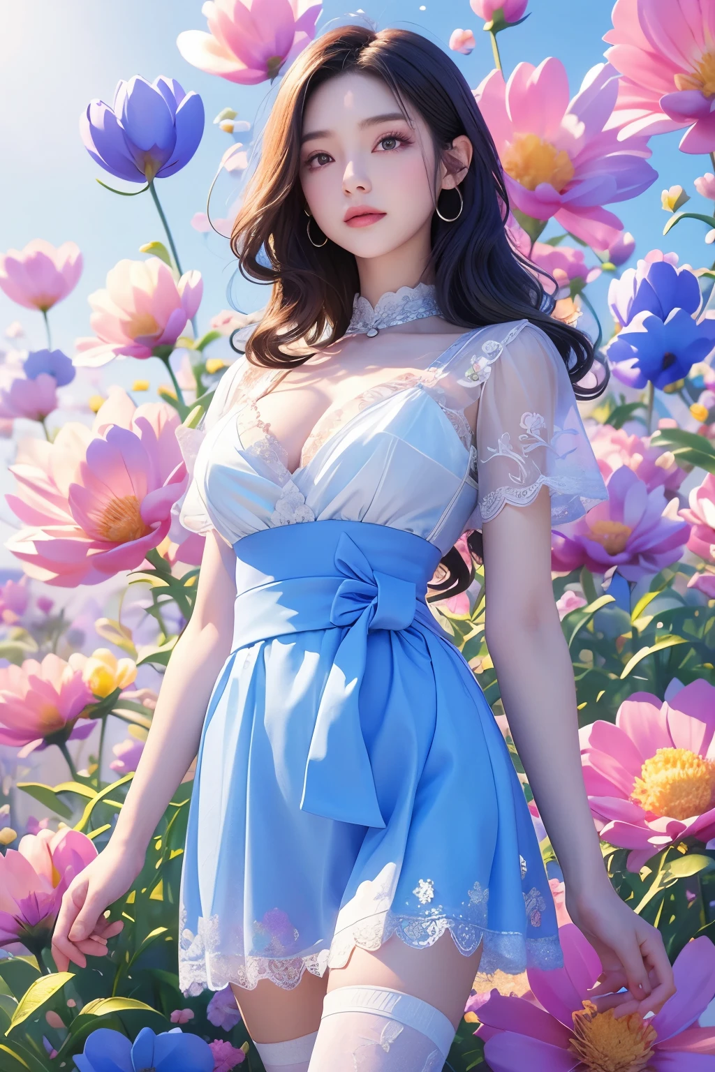 movie 사진 솔로,1 woman,,BJ_Alice,lace-trimmed_skirt,two tone_legwear, Short sleeve dress, big bust,(colored hair:0.1),The beauty stands on the flowers,The facial details are perfect.,Wow, the character details are so nice.,trendy portrait,bright colors,clean background,Panorama,large aperture,pop mart production,delicate luster,8K gradient translucent glass melt,frosted glass,masterpiece, best quality,, hyperreal,realistic,16,000,high detail,high resolution . 35mm photo, movie, bokeh, professional, 4K, very detailed