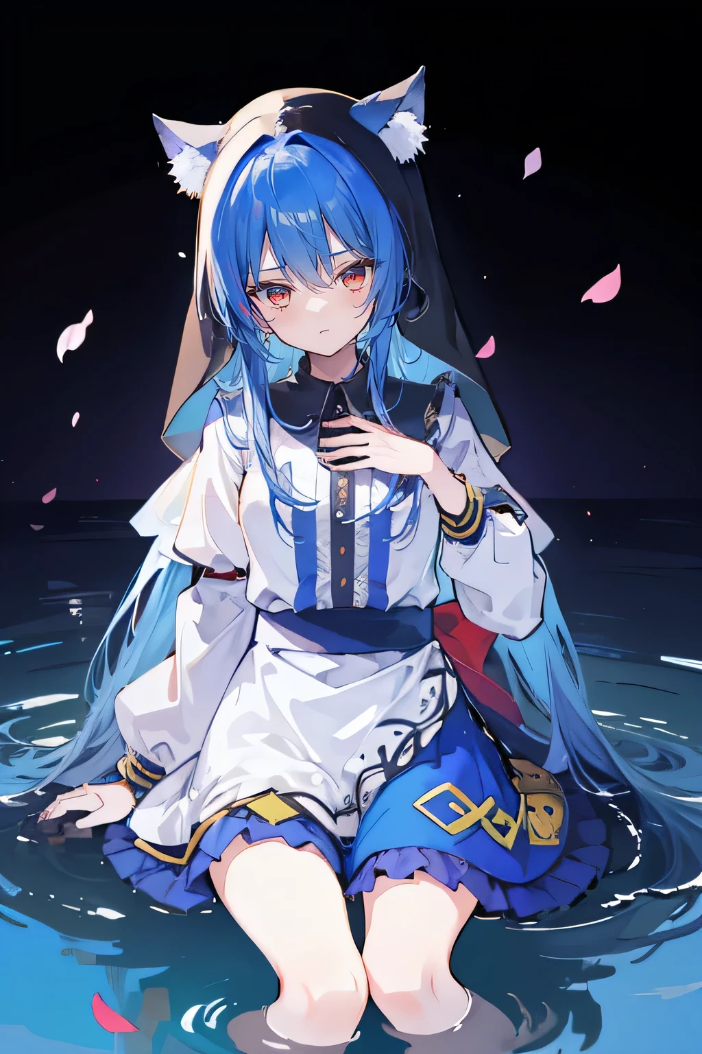 (masterpiece:1.2),Extremely detailed,Practical,expressive eyes,Fair skin,Perfect face shaping,1 Girl,
Japanese cartoons,Gorgeous blue hair, the long flowing blue hair,Floating clothes,Cat ears,Petals fall,beautiful lola,Young Angel,
Place your hands on your waist,sit elegantly on the ground,Cross your legs,Gentle and peaceful background,stately church,nun,lie on the water,Blackening,A look of disdain.
