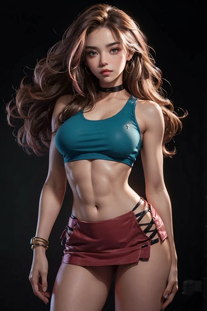  Beautiful girl , sexy slim fit body,   brown  hair , crop top mini skirt  , gorgeous  eyes  , pink rogue lips , blushed cheeks , high texture skin , big breasts, ripped abs 