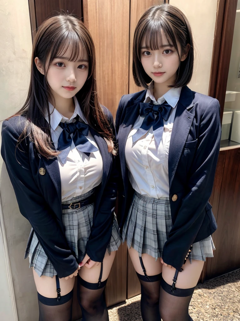 (8K, Raw photography, top-quality, masterpiece:1.2), master piece, best quality, illustration, Super detailed, fine details, High resolution, 8K,wall paper, perfect dynamic composition,(Details High quality, realistic depiction of eyes:1.3), ((2 girls, 2 schoolgirls)), The background is a luxury hotel room、High school girl uniform、blazer 、Super Short Check Uniform Skirt、Navy blue high socks、garterbelts、Colossal tits、Disturbed uniform, Play with each other,Touching each other's bodies,Touching the body of the girl next door, short bob hair, black hair color, huge breasts, Big Natural Color Lip, bold sexy pose, (perfect body shape), crying a little、cold gaze, Beautiful makeup,glitter makeup,Cutest 18 years old, beautiful legs, hposing Gravure Idol, Voluptuous thighs