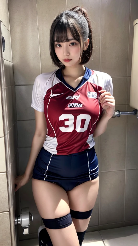 masterpiece, best quality, illustration, Super detailed, fine details, High resolution, 8K,wall paper, perfect dynamic composition,(Details High quality, realistic depiction of eyes:1.3),(Toilet cubicles:1.2), (urinal), kneeing, (short hair volleyball player, Volleyball Uniforms), Tight clothes, , medium breasts, black hair color, Big Natural Color Lip, bold sexy pose, (perfect body shape), Do gal makeup, sexy face, Harajuku style、20 year old girl、cute type、lolita、beautiful legs, hposing Gravure Idol