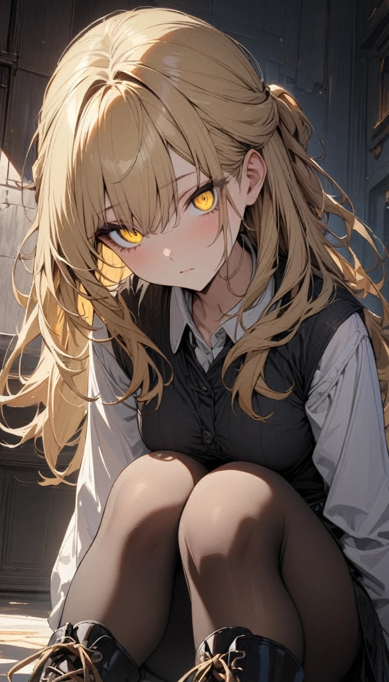 masterpiece, best quality, ultra detailed, detailed eyes, a girl, handsome, blond hair, half updo, yellow eyes, black pantyhose, ankle boots, expressionless,
