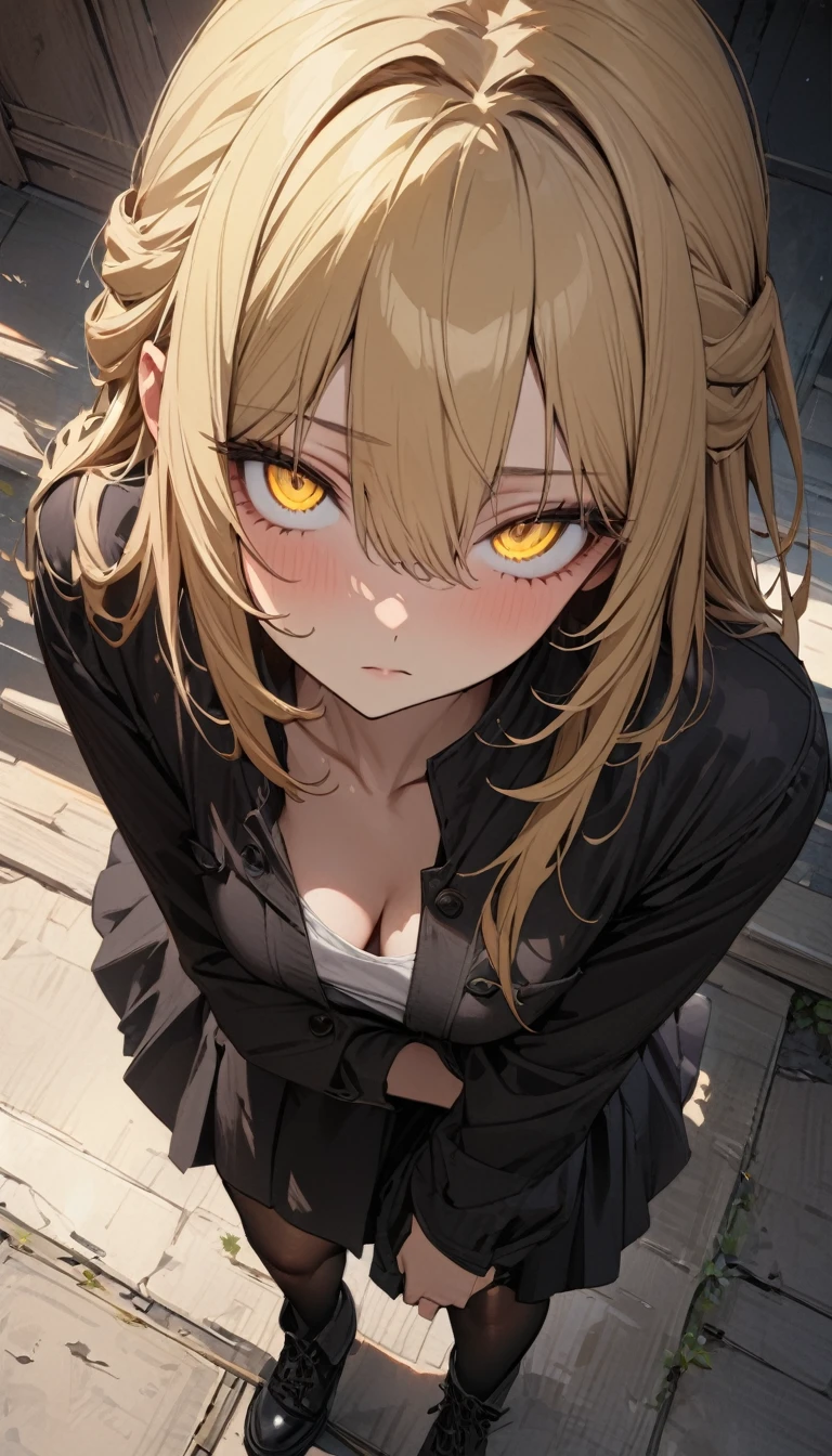 masterpiece, best quality, ultra detailed, detailed eyes, a girl, handsome, blond hair, half updo, yellow eyes, black pantyhose, ankle boots, expressionless,