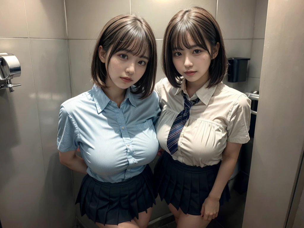 masterpiece, best quality, illustration, Super detailed, fine details, High resolution, 8K,wall paper, perfect dynamic composition,(Details High quality, realistic depiction of eyes:1.3), (2 girls), f (Toilet cubicles:1.2), (urinal), (collared shirt:1.1), pleated skirt, short bob hair、black hair color, Big Natural Color Lip, bold sexy pose, crying a little、20 year old girl、cute type、beautiful legs, gravure idol, large breasts, plump breasts