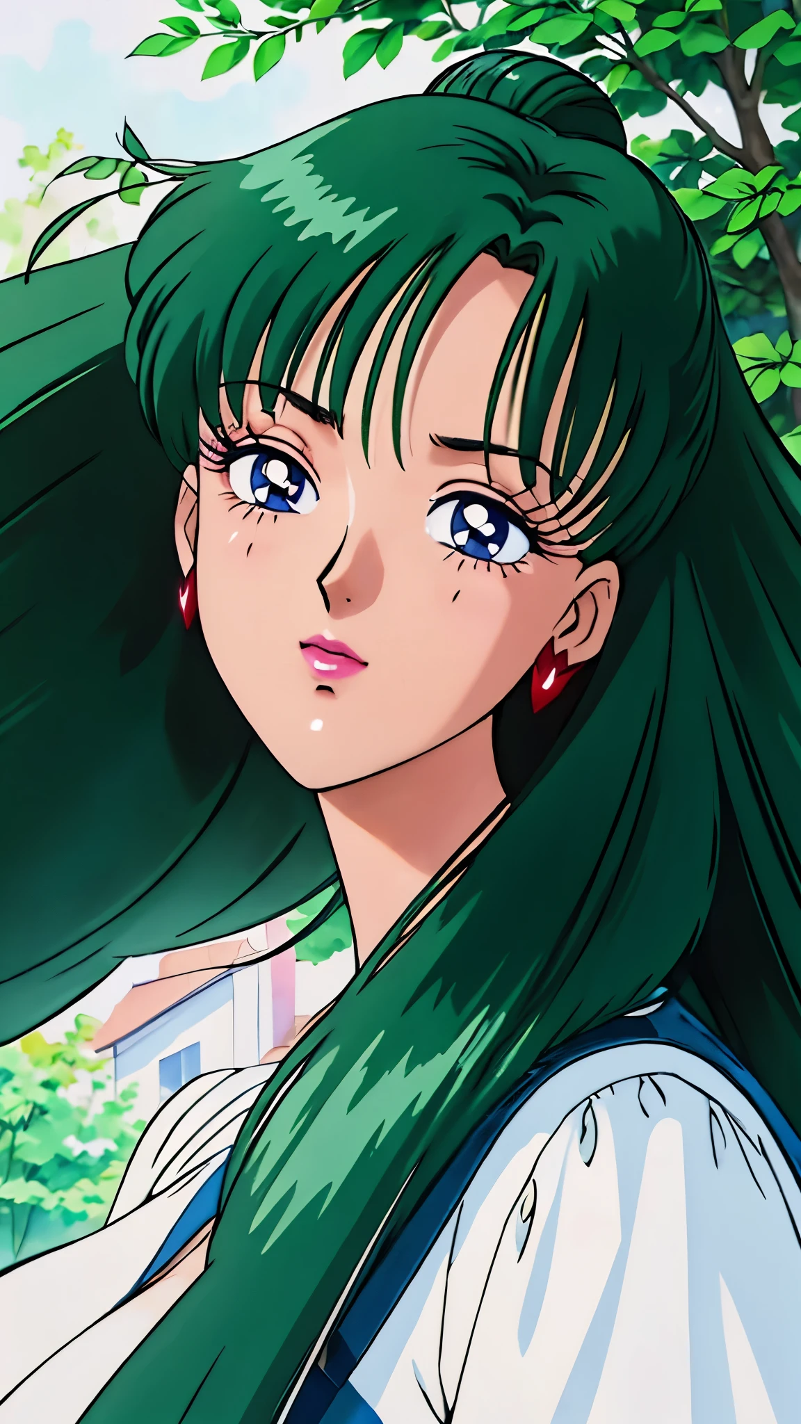 (masterpiece:1.2), (highest quality:1.2),, Curvy but slender body, perfect eyes, perfect face, perfect lighting, 1 girl, in the garden,(view from directly behind),green hair, Fine clothes, Detailed outdoor background, compensate, eye shadow, thick eyelashes, fantasy, looking at the viewer, Bright and very beautiful face、the best beauty、long hair、Shining beautiful bangs、Glowing crystal clear big blue eyes、