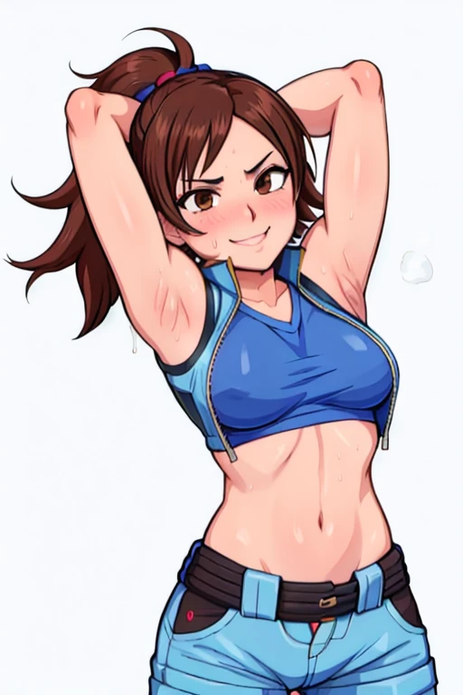 asuka kazama,1girl,solo,black pants,blue shirt,sleeveless,medium breasts,heavy blush,(brown eyes:1.2),((arms up)), sweat, sweaty, no bra, nipple hard, smile