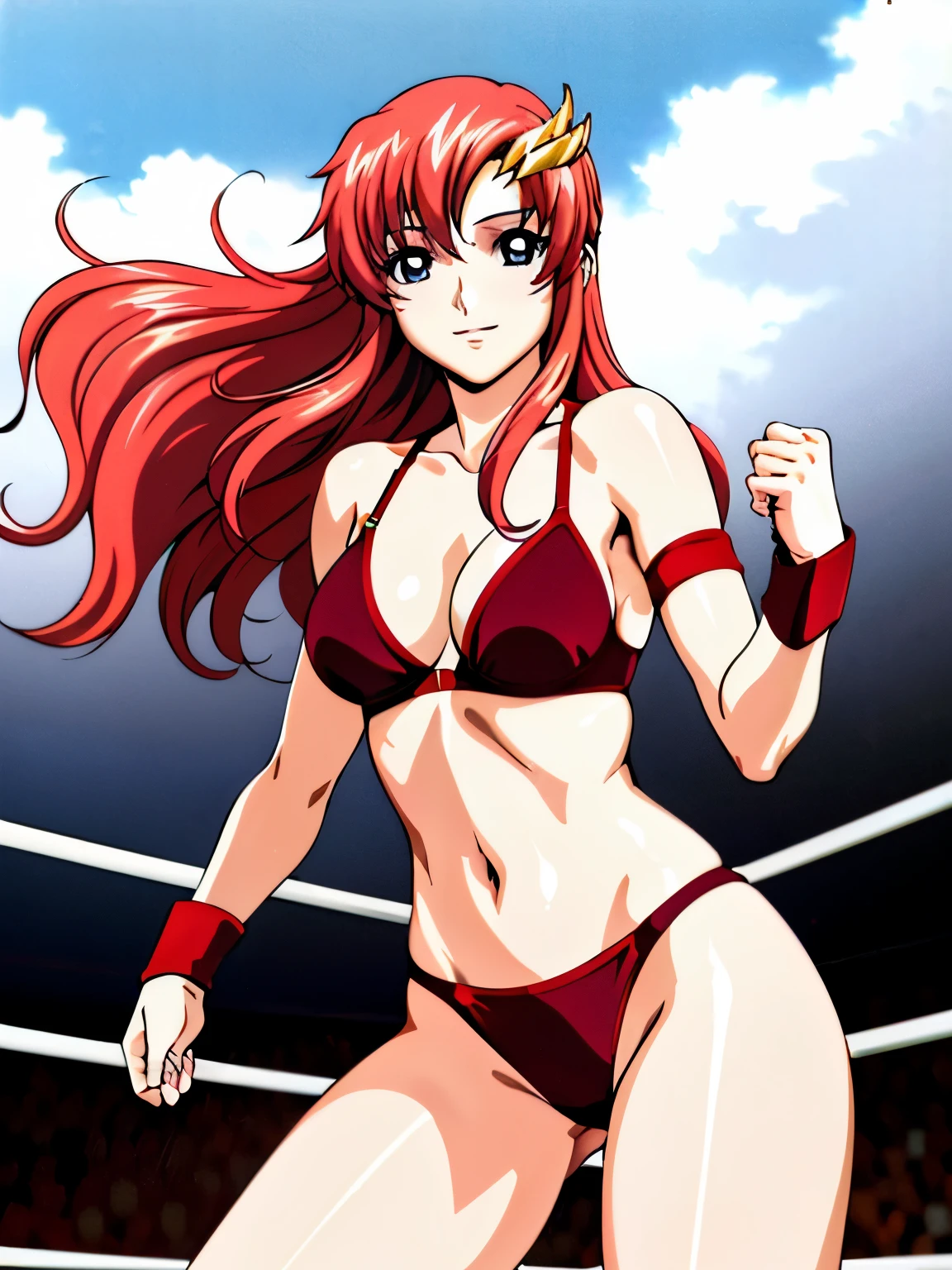 lacus4, (red bikini, running, thong, thin girl, masterpiece, cowboy shot, very slim shoulders, 4K, Best Quality, Anime style: 1.9, happy, Adult Woman, (ultra detailed head), (wrestling arena with crowd, cloud background), Drawing lines, high resolution, lacus4), 1girl, Solo, curvy figure, Long hair, clavicle, scapular, (Detailed wide hair bangs, Hair Ornament, Detailed reddish-pink hair, shiny streaks, slim arms, detailed golden crest), cleavage, large hands, (hair cover shoulders). (Big blue eyes, shiny eyes), ((female wrestler, (slim body), slim arms, closed fists, thighs)), ((perfect proportions, medium-small breasts, medium thighs, long belly)), ((totally red bra)), smile with a wink, (standing, hot colors), detailed fingers, (bare shoulders)