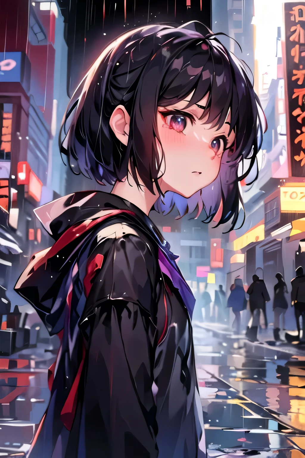 Rainy Day,Dark night,Black short hair,Faint light,The girl bowed her head and cried,Tears
