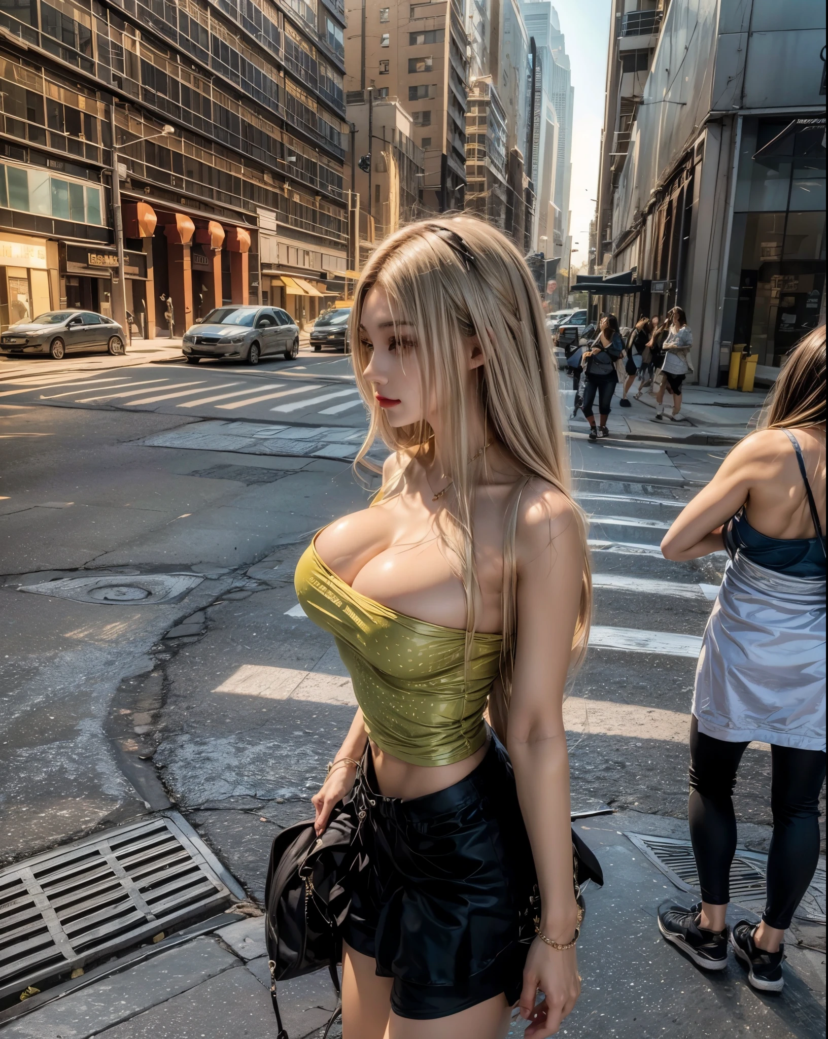 realistic, 1 women, best quality, 12k, HD, long hair, big round breasts, cleavage, ponytail, necklace, jewelry, shorts, short jacket, slim hips, hair tie, yellow eyes, black hair, super detailed, Eye details, hair details, person details, mouth details, face details, breast details, clothes details, hair details, pants details, hand details, whole body
