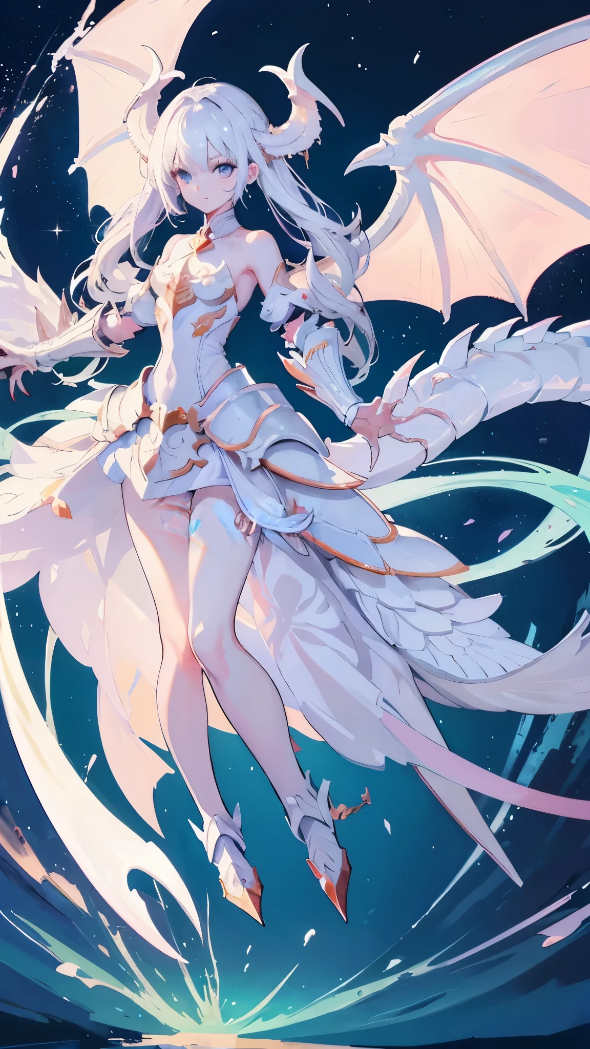 Half dragon girl, white scales on arms and shoulders, hands with claws, white dragon wings, armor with open arms and shoulders
