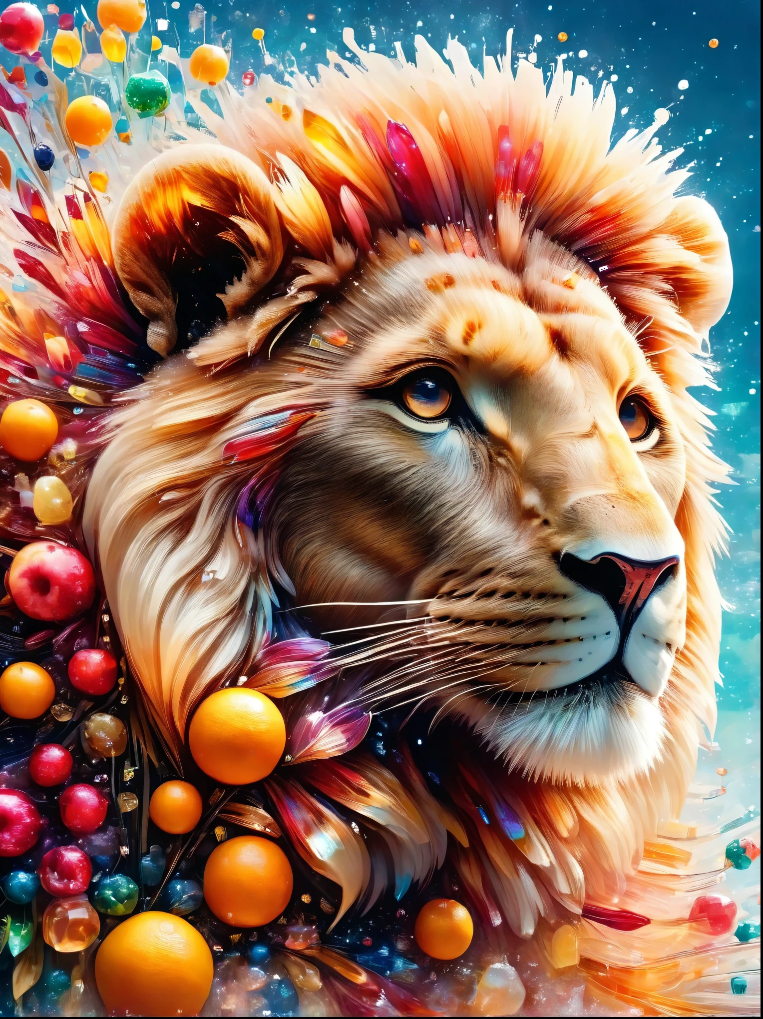 Creative and stylish lion，Inspired by fruit，Material: Colored Acrylic，realism，Ultra Clear Photography，HD Wallpapers，Low Depth of Field Photography，Background bokeh effect