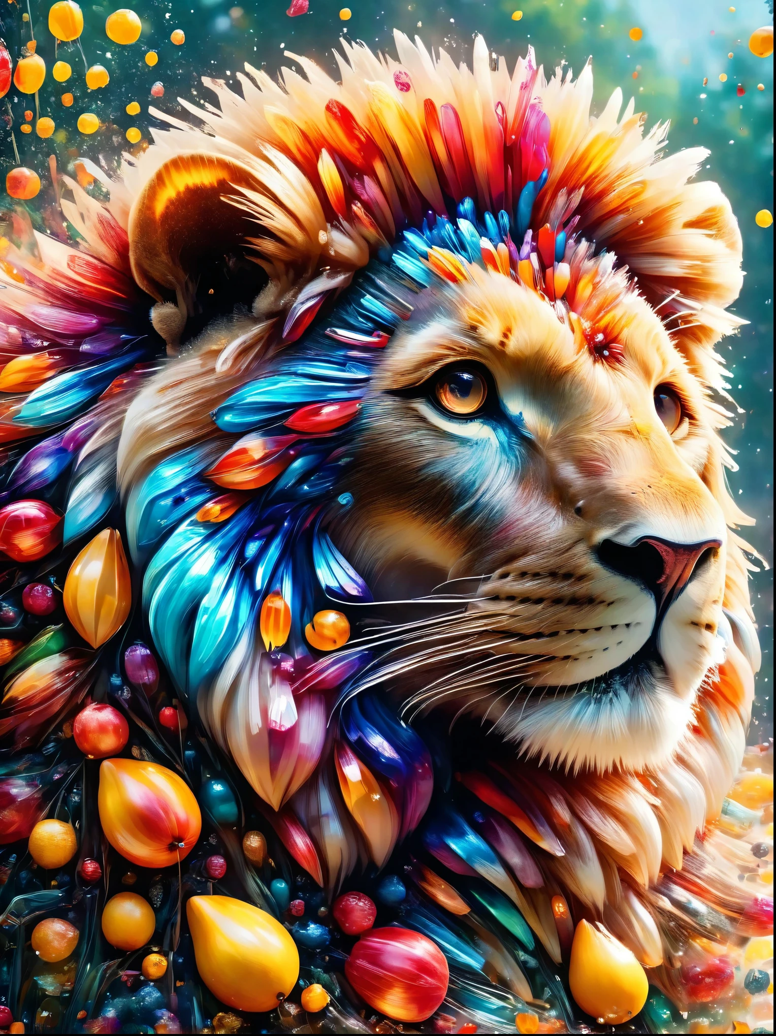 Creative and stylish lion，Inspired by fruit，Material: Colored Acrylic，realism，Ultra Clear Photography，HD Wallpapers，Low Depth of Field Photography，Background bokeh effect
