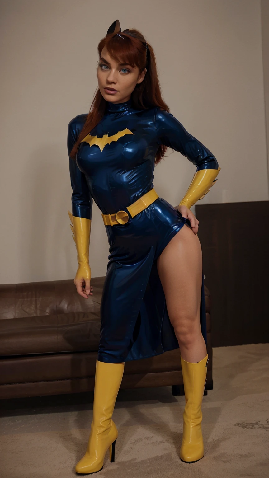 yo,top model body, sexy, hight heels, very very hot body, perfect body, perfect face, nlue open gorgeous long dress, red hair, crystal blue eyes , eyelashes, hot sexy girl in lovely blue dress, prome bone sex position when she is gaming , batgirl black latex bodysuit, yellow gloves, boots, leather yellow highheels, belt, most perfect body