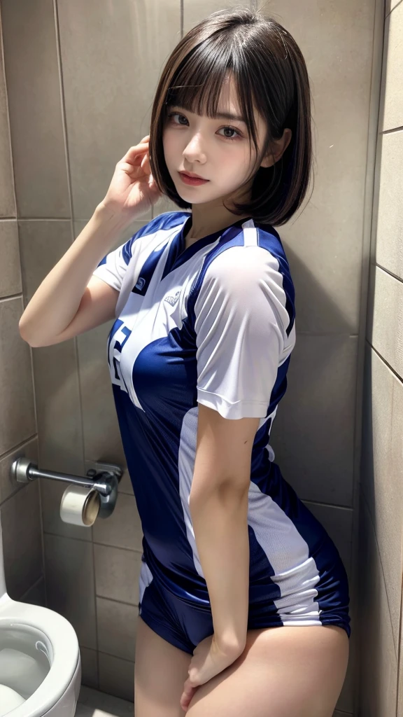 masterpiece, best quality, illustration, Super detailed, fine details, High resolution, 8K,wall paper, perfect dynamic composition,(Details High quality, realistic depiction of eyes:1.3),(Toilet cubicles:1.2), (urinal), kneeing, (short hair volleyball player, Volleyball Uniforms), Tight clothes, , medium breasts, black hair color, Big Natural Color Lip, bold sexy pose, (perfect body shape), Do gal makeup, sexy face, Harajuku style、20 year old girl、cute type、ta、beautiful legs, hposing Gravure Idol