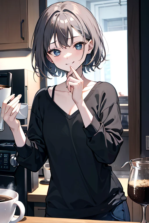 short hair,Dark grey hair,Barista,Brewing coffee,Mode,Black clothes,V-neck,Simple clothes,Cool Beauty,A slight smile on the lips,A small mole under the left lip,adult,Drip Coffee