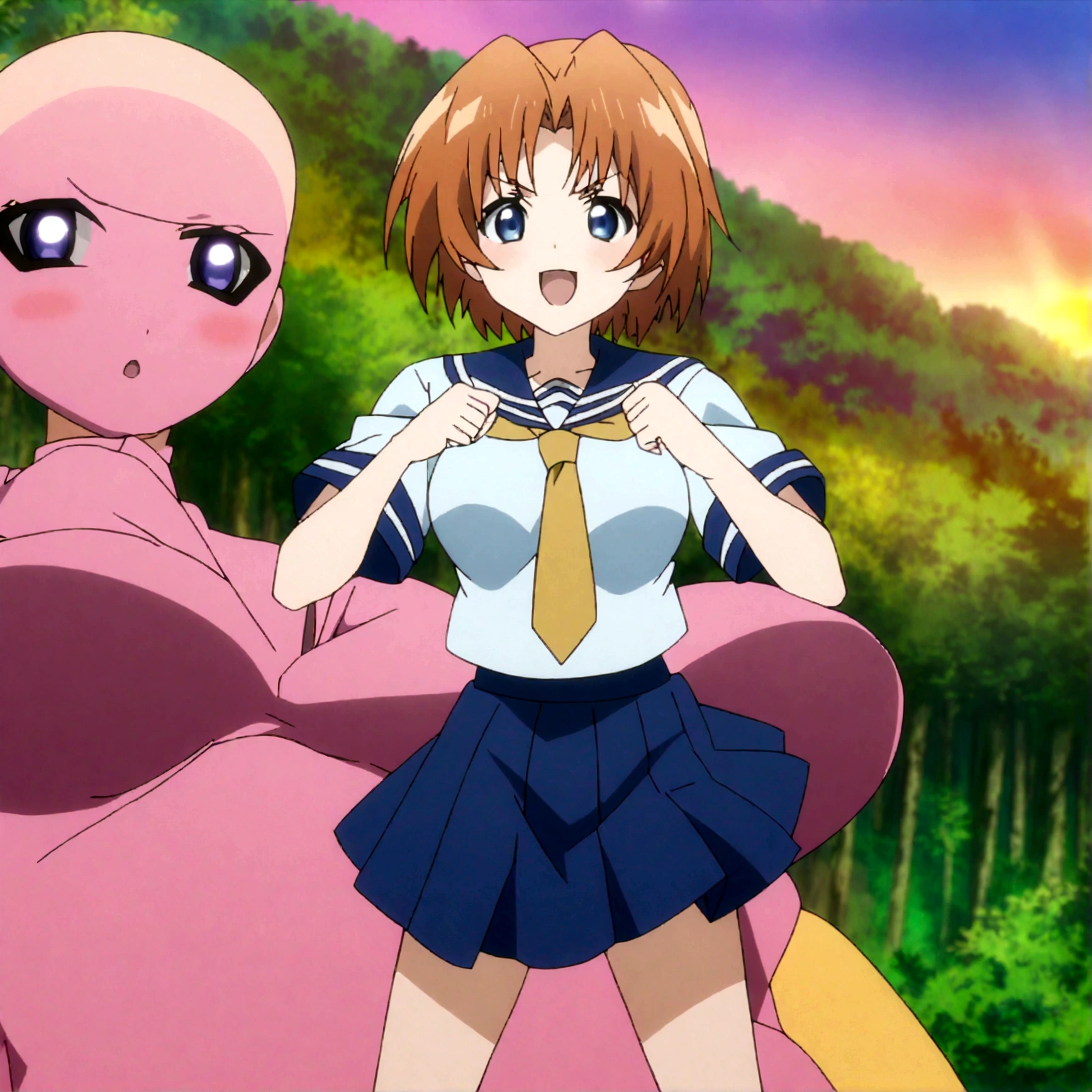 score_9, score_8_up, score_7_up, score_6_up, source_anime, anime screencap, anime coloring, 1girl, ryuuguu rena, solo, teenage, kawaii, breasts, medium breasts, blue eyes, blush, open mouth, orange hair, short hair, big breasts, simple background, white background, blue , serafuku, skirt, smile, pleated skirt, blue skirt, necktie, yellow necktie,fullbody,holding machete,hands up,straight-on,looking at viewer,battle stance,dynamic angle,forest,sunset,