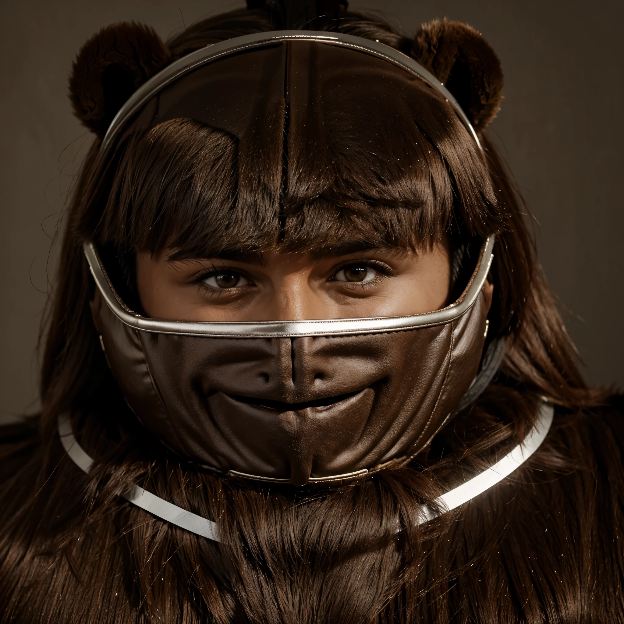 Muscular furry brown bear with jockey mask