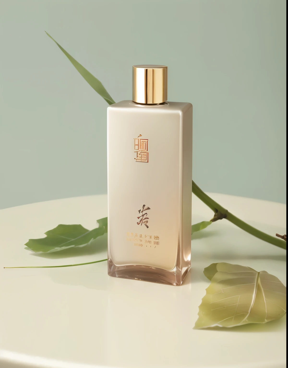 there is a bottle of perfume sitting on a table with a leaf, close-up product photo, Wang Chen, detailed image, Chiba Yudai, miniature product photo, highly detailed product photo, product photography, product photo, handsome, japanese collection product, official product image, sha xi, detailed picture, zun