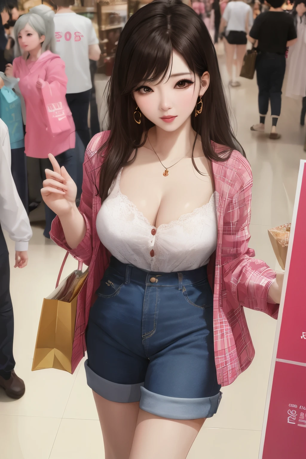 Korean sexy girl, (40 years old), in the shopping mall, bosomy, bored expression, (from above view), (masterpiece, best quality, extremely detailed, hyper realistic) 