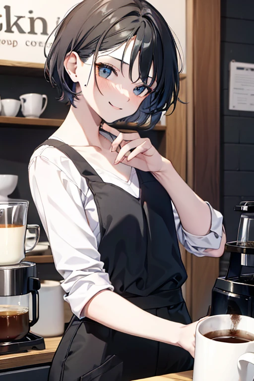 short hair,Dark grey hair,Barista,Brewing coffee,Mode,Black clothes,V-neck,Simple clothes,Cool Beauty,A slight smile on the lips,A small mole under the left lip,adult,Drip Coffee,Cafe