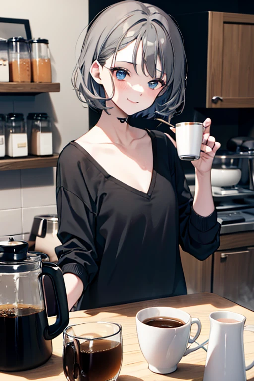 short hair,Dark grey hair,Barista,Brewing coffee,Mode,Black clothes,V-neck,Simple clothes,Cool Beauty,A slight smile on the lips,A small mole under the left lip,adult,Drip Coffee,Cafe
