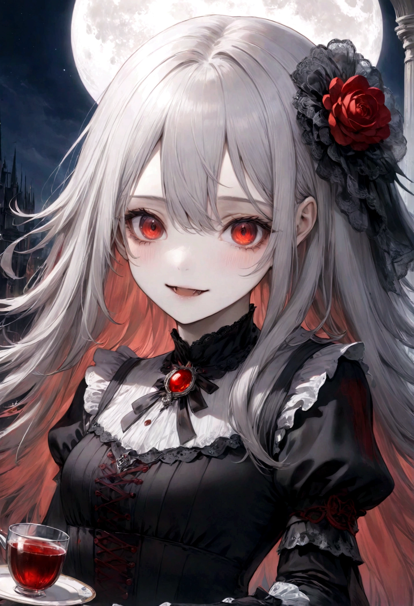 Masterpiece, Best Quality,(upper body shot, 1/2 portrait), night time with full moon,1 girl,fit, big red eyes,small breasts, stunning young vampiregirl with mindblowing face posing cool smiling and showing her sweet fangs wearing a blood red meager and form fittingshort victorian dress with puffed arms and some plate-armor on it.  long silver hair,  (Masterpiece), (Best Quality), (ultra detailed), (most absurd), (highres), (official art:1.4), (illustration:1.4), (clear image:1.2),(delicate illustration: 1.2), 8k ,(detailed face:1.3), (highlights in eyes:1.3), (detailed silver long hair:1.3), (detailed skin:1.3), , perfect drawing lines.