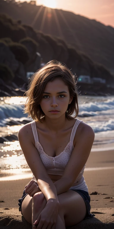 RAW UHD Format、Photo of an 18 year old blonde woman (blue eyesをした美しい少女), Healthy and beautiful girl、Droopy eyes、blue eyes、 Very absurd、Highly detailed shiny eyes, (Looking into the camera), Digital single-lens reflex camera, Shooting with a Leica、super high quality, Sharpness, Shallow depth of field, Crystal Clear, Pretty face, The background is blurred, (dim), moderate, Fine pores , Exquisite eye detail、((short hair))、((No makeup))、((freckled face))、high school girl、stupid、((sitting on the beach with a sad look on his face、The scenery dyed red by the sunset))、(((At dusk、A dark scene with darkness approaching、Red-stained landscape)))、