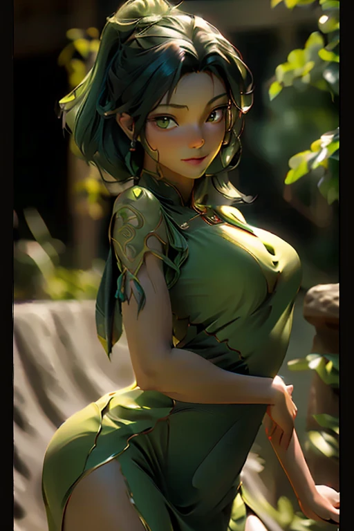 arafed woman in a green dress posing for a picture, smooth 3d cg render, highly detailed character, 8 k sensual lighting, photorealistic perfect body, highly detailed soft lighting, natural realistic render, semi - realistic render, cinematic goddess body shot, realistic soft lighting, 3 d render character art 8 k, deviantart artstation cgscosiety