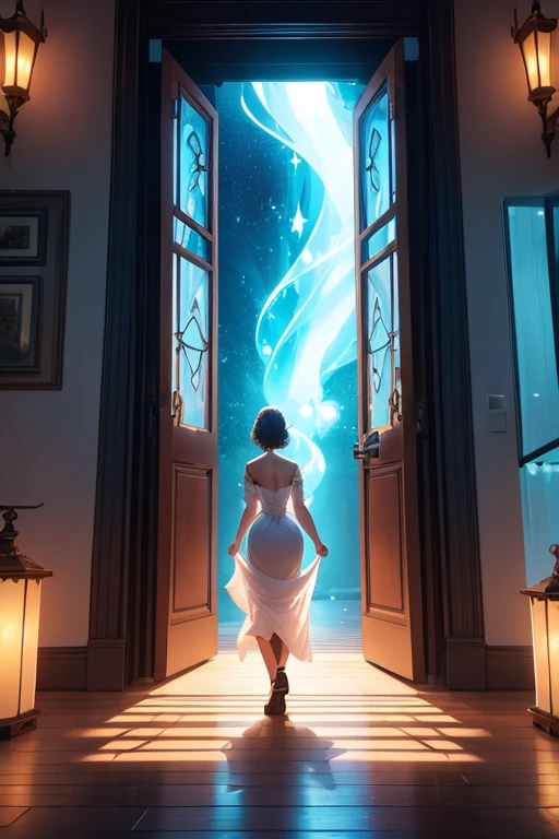 A back of a woman in front of a door that is glowing. The sorrounding looks like a fairytale wherein in the door leads to another dimension. 