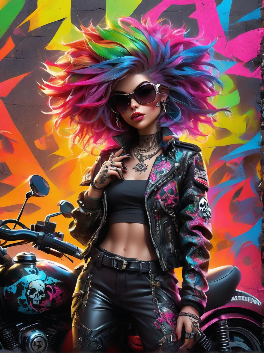 Punk style, Fantasy Gothic, ((The most rebellious bad girl in history)), 1girl, ((solo)), (((Stylish sunglasses))), Pirate hat, Lips in love, Skull Fashion, Neon, Short iridescent hair, Rainbow fabric, Biker Jacket, Bodysuit, Gold pattern, Ancient runes, Metal nails, (Middle finger raised:1.3), Standing in front of a motorcycle skull graffiti art background, Add whimsy to the scene, To enhance the sharpness and modernity of the scene, Sharp lines, Bold brushstroke numbers, Surrealism, Conceptual art, Futurism, UHD, masterpiece, accurate, anatomically correct, textured skin, super detail, high details, award winning, 8k