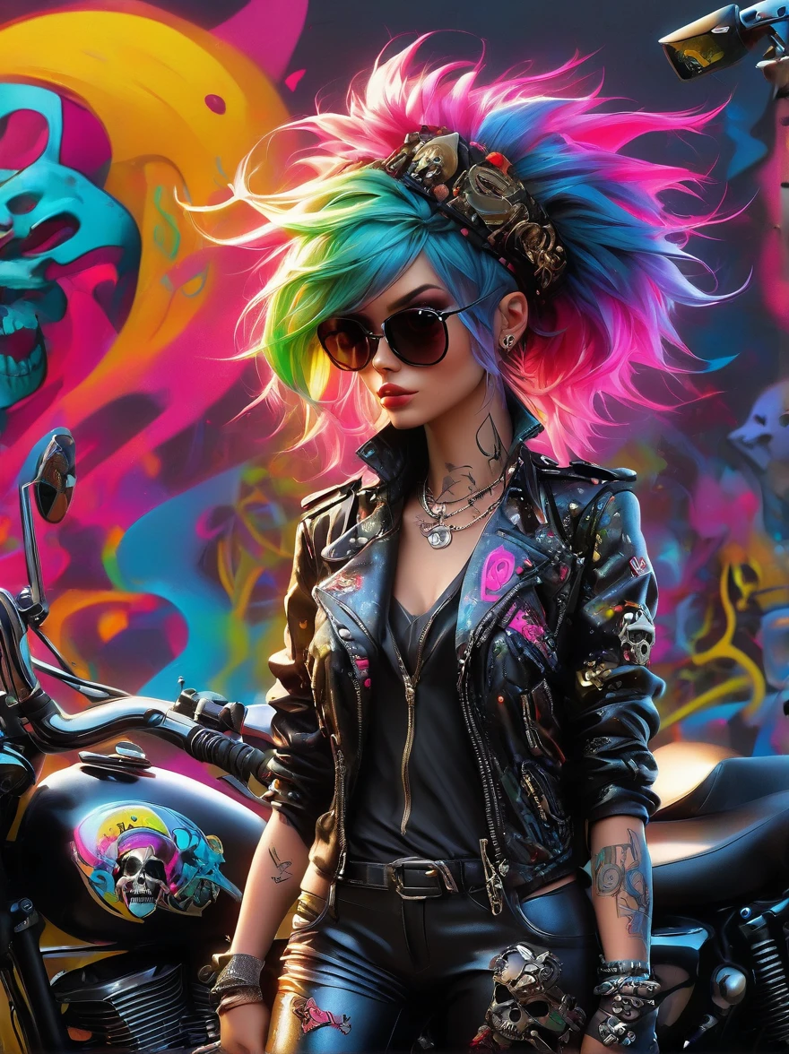 Punk style, Fantasy Gothic, ((The most rebellious bad girl in history)), 1girl, ((solo)), (((Stylish sunglasses))), Pirate hat, Lips in love, Skull Fashion, Neon, Short iridescent hair, Rainbow fabric, Biker Jacket, Bodysuit, Gold pattern, Ancient runes, Metal nails, (Middle finger raised:1.3), Standing in front of a motorcycle skull graffiti art background, Add whimsy to the scene, To enhance the sharpness and modernity of the scene, Sharp lines, Bold brushstroke numbers, Surrealism, Conceptual art, Futurism, UHD, masterpiece, accurate, anatomically correct, textured skin, super detail, high details, award winning, 8k