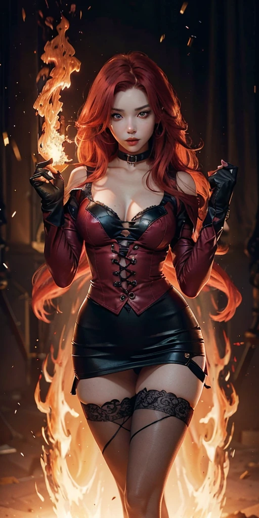  Beautiful girl , sexy slim fit body,   red  hair ,   mini skirt , stockings , gorgeous  eyes  , pink rogue lips , blushed cheeks , high texture skin , big breasts, demonic face , playing with fire