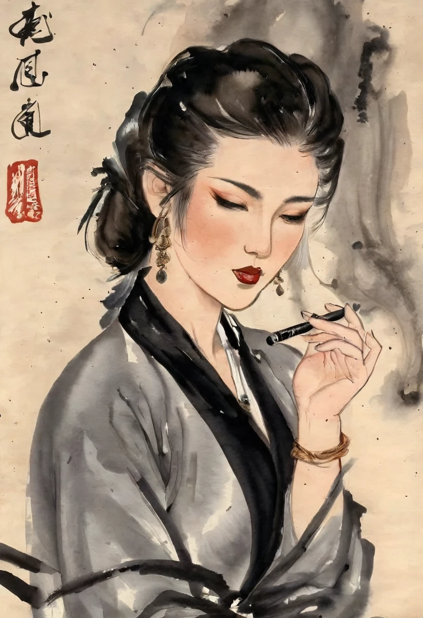  Ink painting of a bad girl, her eyes shadowed by smoky makeup, a traditional pipe in her hand, her tongue and lips adorned with ink rings, her body etched with calligraphy tattoos. Rendered by Qi Baishi, the artwork combines the tranquility of ink painting with a spirit of defiance, creating a unique image of resilience and strength,xill,anatomical correct:2