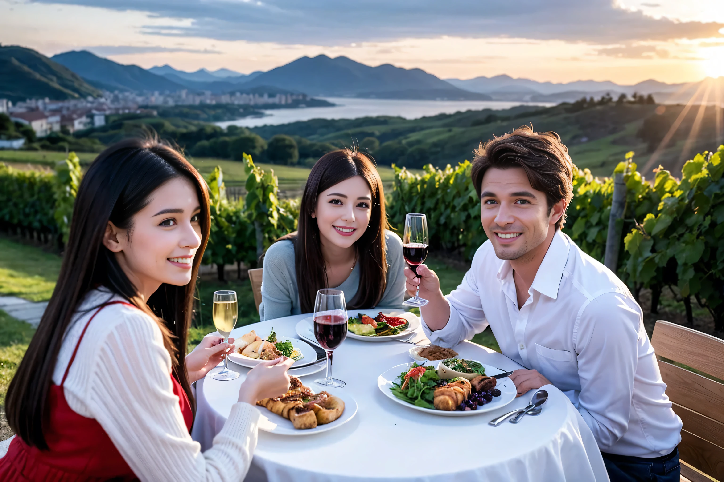 ((highest quality、8k、masterpiece:1.3))、1 male 1 female、Lovers、beautiful couple、Happy Smile、 (Slim face), (The body is スリム), (Brown Hair), (Shortcuts), ((Bob Hale、Straight hair:1.2)), Wine glass on the table、Please put light on my face、 Amazing view of the sunset sky and clouds、Amazing mountain views、The wonderfulness of smiles、Bright image、Blushing, Shortcuts,Bright Face、 (42 years old), 39 years old, red wine 、Appetizers、Italian food、Wine bottle、Champagne、sparkling wine、Long sleeve shirt、dress、Attractive beauty、restaurant, Nova Frog Style, actress, model, Upper Body, White wine, red wine, wine glass,