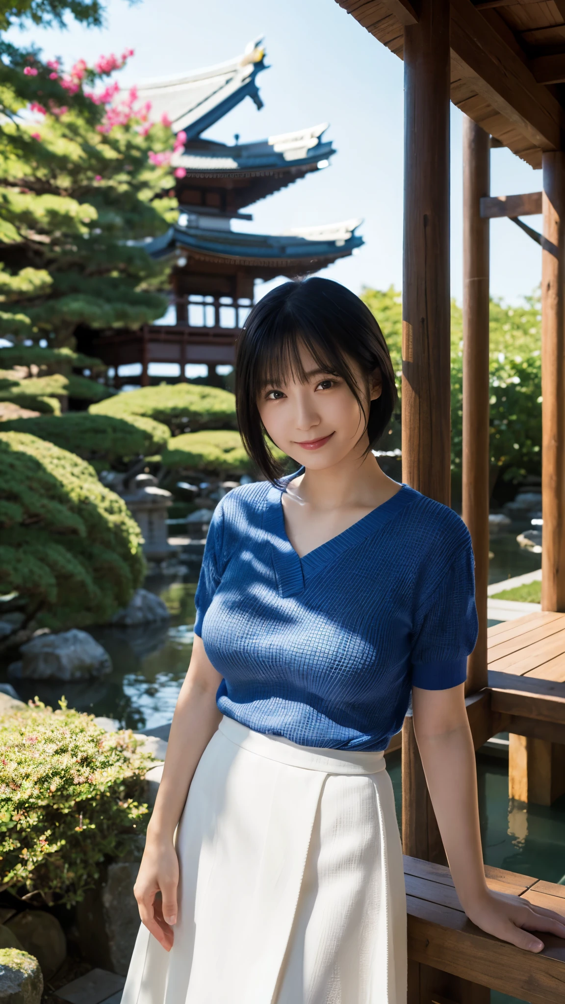 (highest quality,masterpiece:1.3,Ultra-high resolution),(Super detailed,Caustics,8k), (Photorealistic:1.4, RAW shooting),blue sky,Japanese garden,Japanese,20-year-old,smile,Black Hair Middle Hair,(Blue short-sleeved summer knit),Big Breasts,(White Skirt),Waist up shot,Natural light