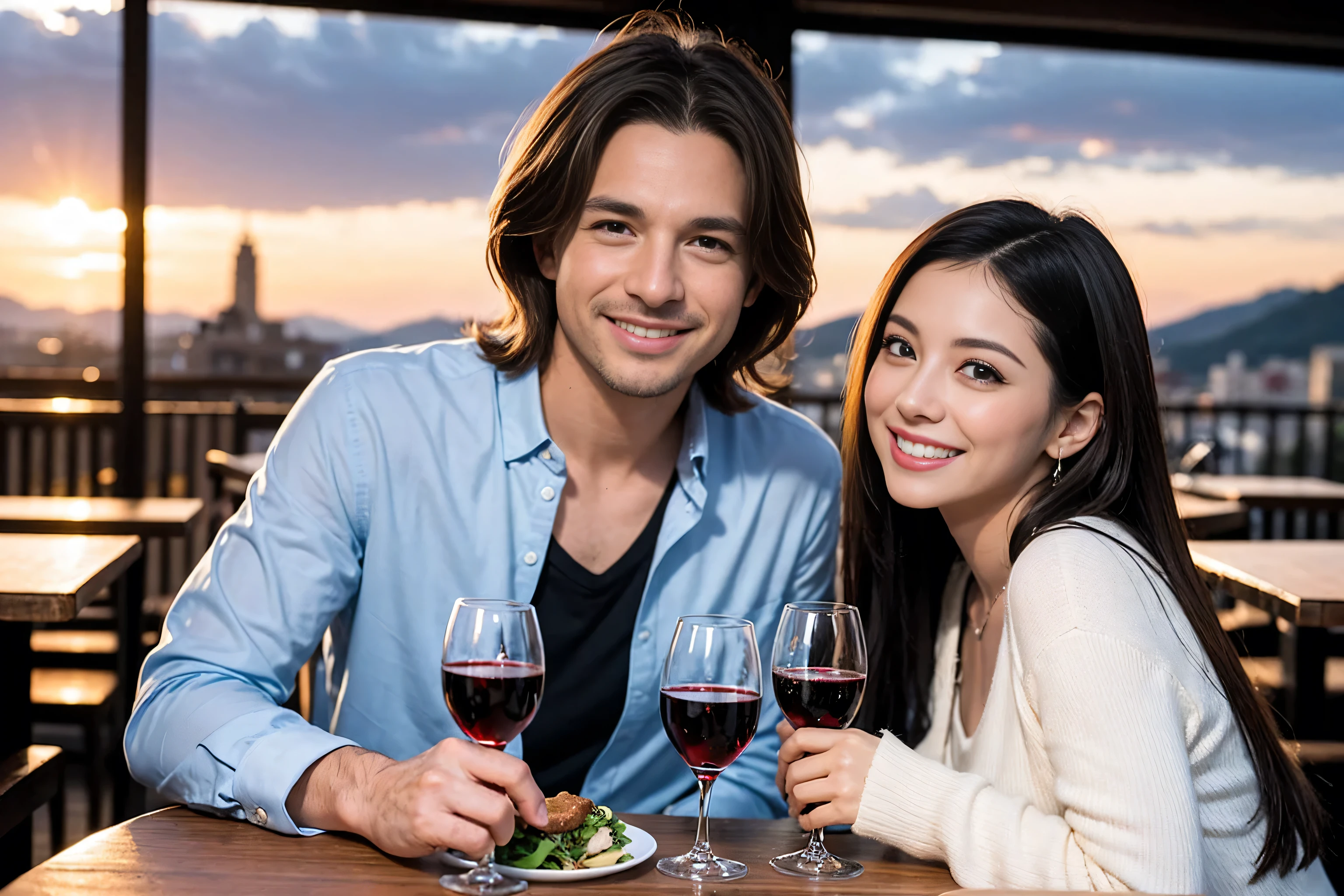 ((highest quality、8k、masterpiece:1.3))、1 male 1 female、Lovers、beautiful couple、Happy Smile、 (Slim face), (The body is スリム), (Brown Hair), (Shortcuts), ((Bob Hale、Straight hair:1.2)), Wine glass on the table、Please put light on my face、 Amazing view of the sunset sky and clouds、Amazing mountain views、The wonderfulness of smiles、Bright image、Blushing, Shortcuts,Bright Face、 (42 years old), 39 years old, red wine 、Appetizers、Italian food、Wine bottle、Champagne、sparkling wine、Long sleeve shirt、dress、Attractive beauty、restaurant, Nova Frog Style, actress, model, Upper Body, White wine, red wine, wine glass,