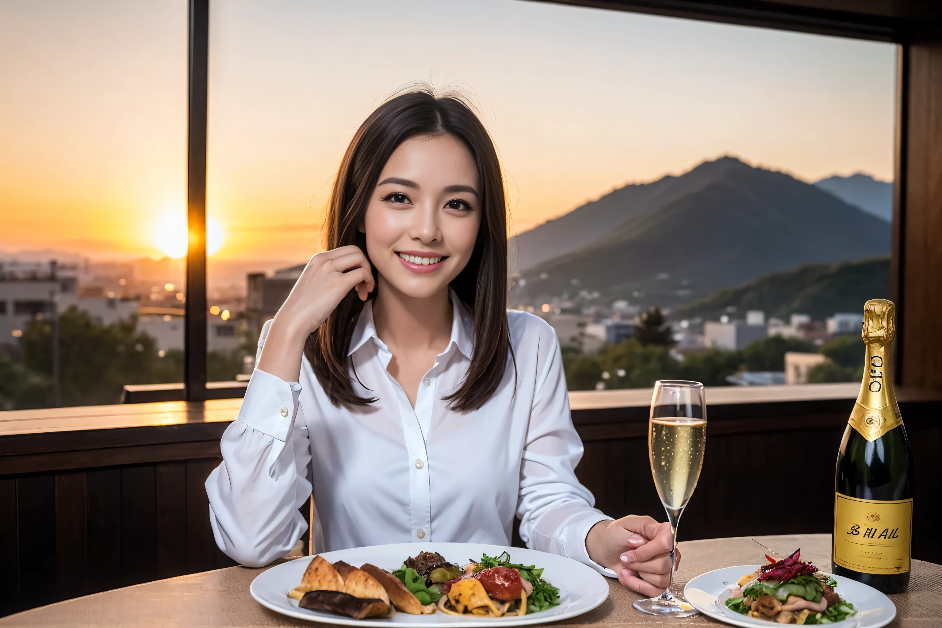 ((highest quality、8k、masterpiece:1.3))、1 male 1 female、Lovers、beautiful couple、Happy Smile、 (Slim face), (The body is スリム), (Brown Hair), (Shortcuts), ((Bob Hale、Straight hair:1.2)), Wine glass on the table、Please put light on my face、 Amazing view of the sunset sky and clouds、Amazing mountain views、The wonderfulness of smiles、Bright image、Blushing, Shortcuts,Bright Face、 (42 years old), 39 years old, red wine 、Appetizers、Italian food、Wine bottle、Champagne、sparkling wine、Long sleeve shirt、dress、Attractive beauty、restaurant, Nova Frog Style, actress, model, Upper Body, White wine, red wine, wine glass,