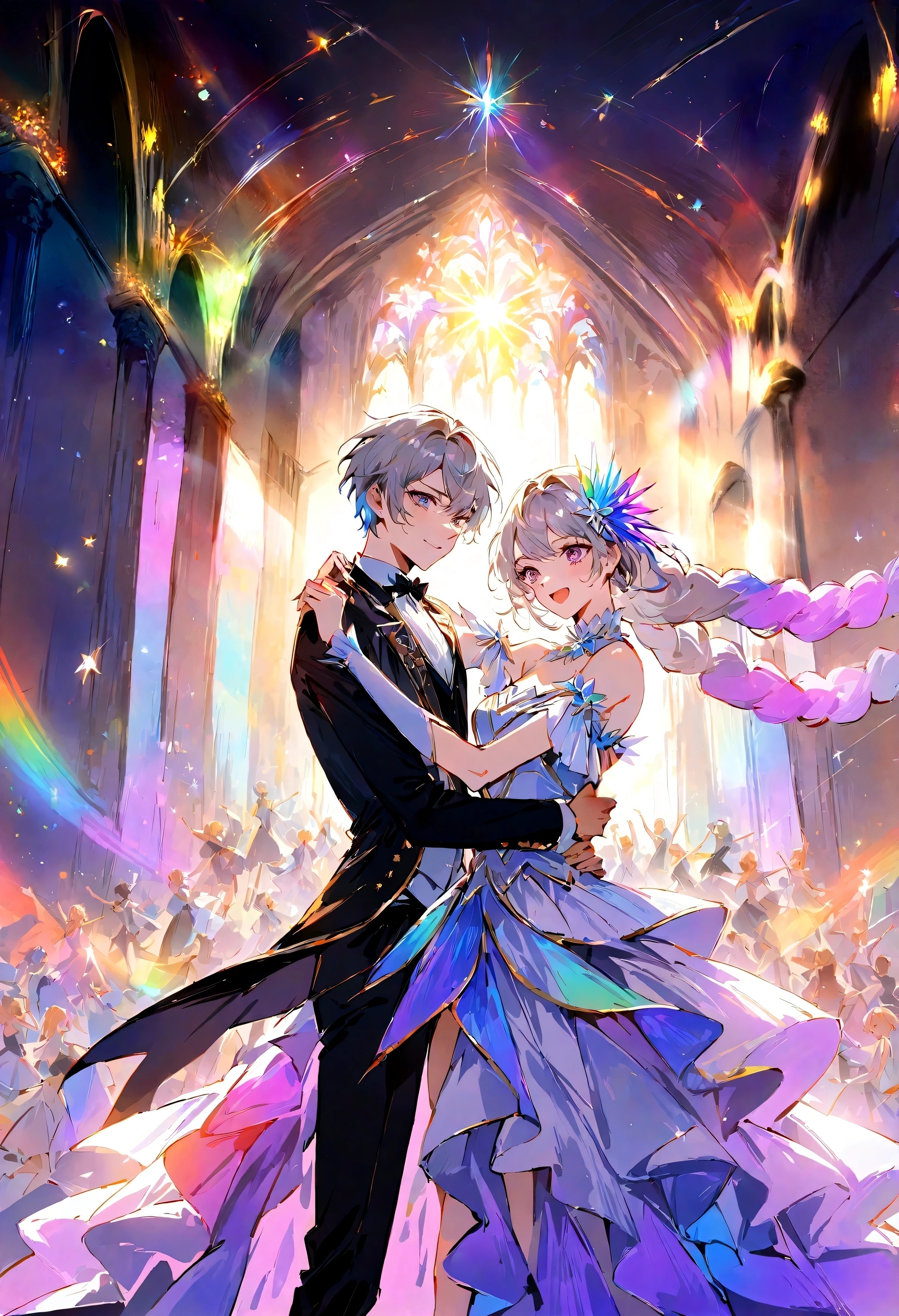 Cartoon couple dancing in the church in wedding dresses, ballroom background, Elegant anime main visual, Popular topics on artstation pixiv, magical atmosphere, Official anime original image, Digital Art on pixiv, magical atmosphere + masterpiece, magnificent background, Pixiv competition winner, magical colored theme, Colorful concept art, wlop 和 sakimichan, Pixiv Style