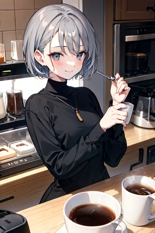 short hair,Dark grey hair,Barista,Brewing Drip Coffee,Mode,Black clothes,Simple clothes,Cool Beauty,A slight smile on the lips,A small mole under the left lip,adult,Cafe,Espresso machine,Long sleeve