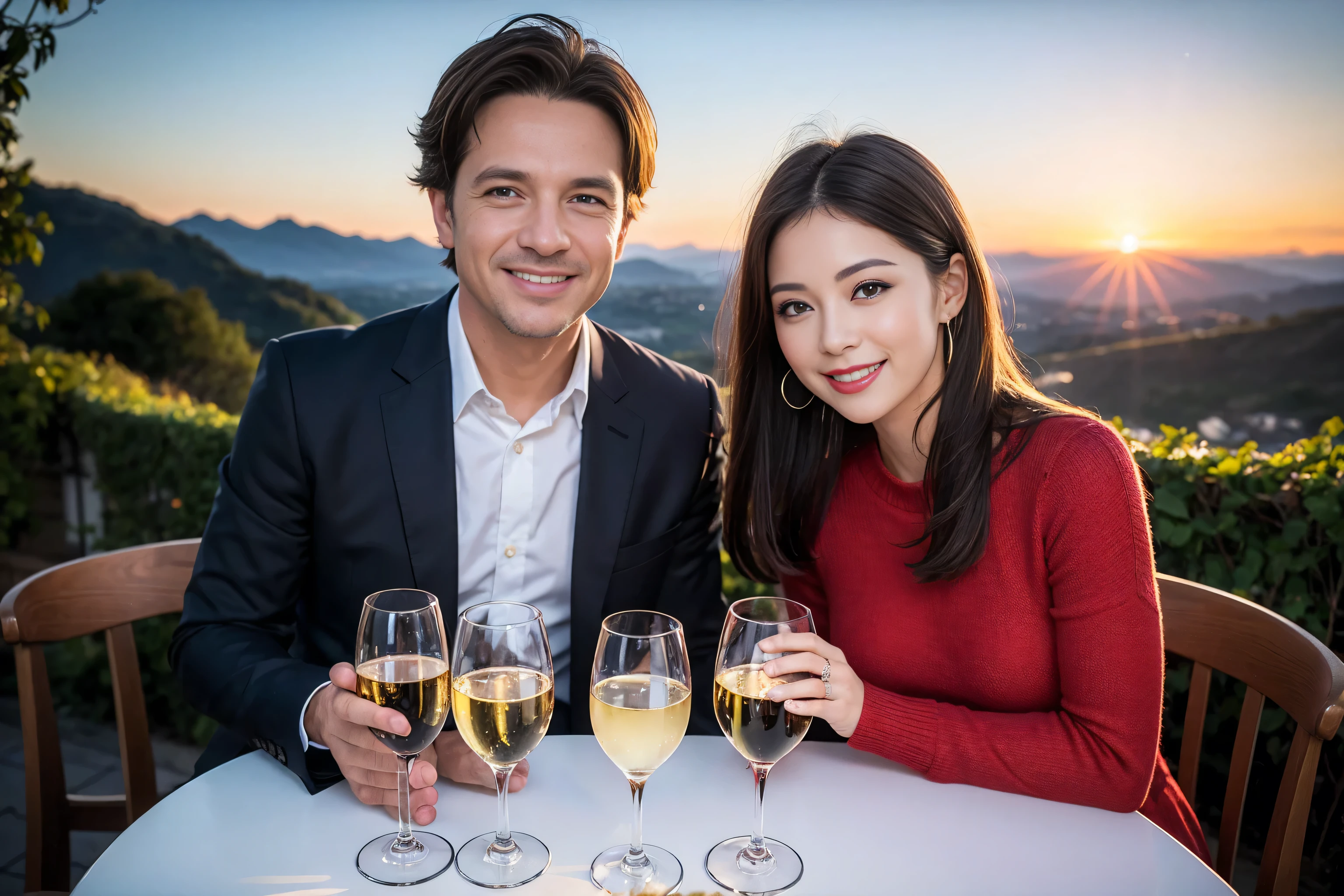 ((highest quality、8k、masterpiece:1.3))、1 male 1 female、Lovers、beautiful couple、Happy Smile、 (Slim face), (The body is スリム), (Brown Hair), (Shortcuts), ((Bob Hale、Straight hair:1.2)), Wine glass on the table、Please put light on my face、 Amazing view of the sunset sky and clouds、Amazing mountain views、The wonderfulness of smiles、Bright image、Blushing, Shortcuts,Bright Face、 (Age 35), 39 years old, red wine 、Appetizers、Italian food、Wine bottle、Champagne、sparkling wine、Long sleeve shirt、dress、Attractive beauty、restaurant, Nova Frog Style, actress, model, Upper Body, White wine, red wine, wine glass,