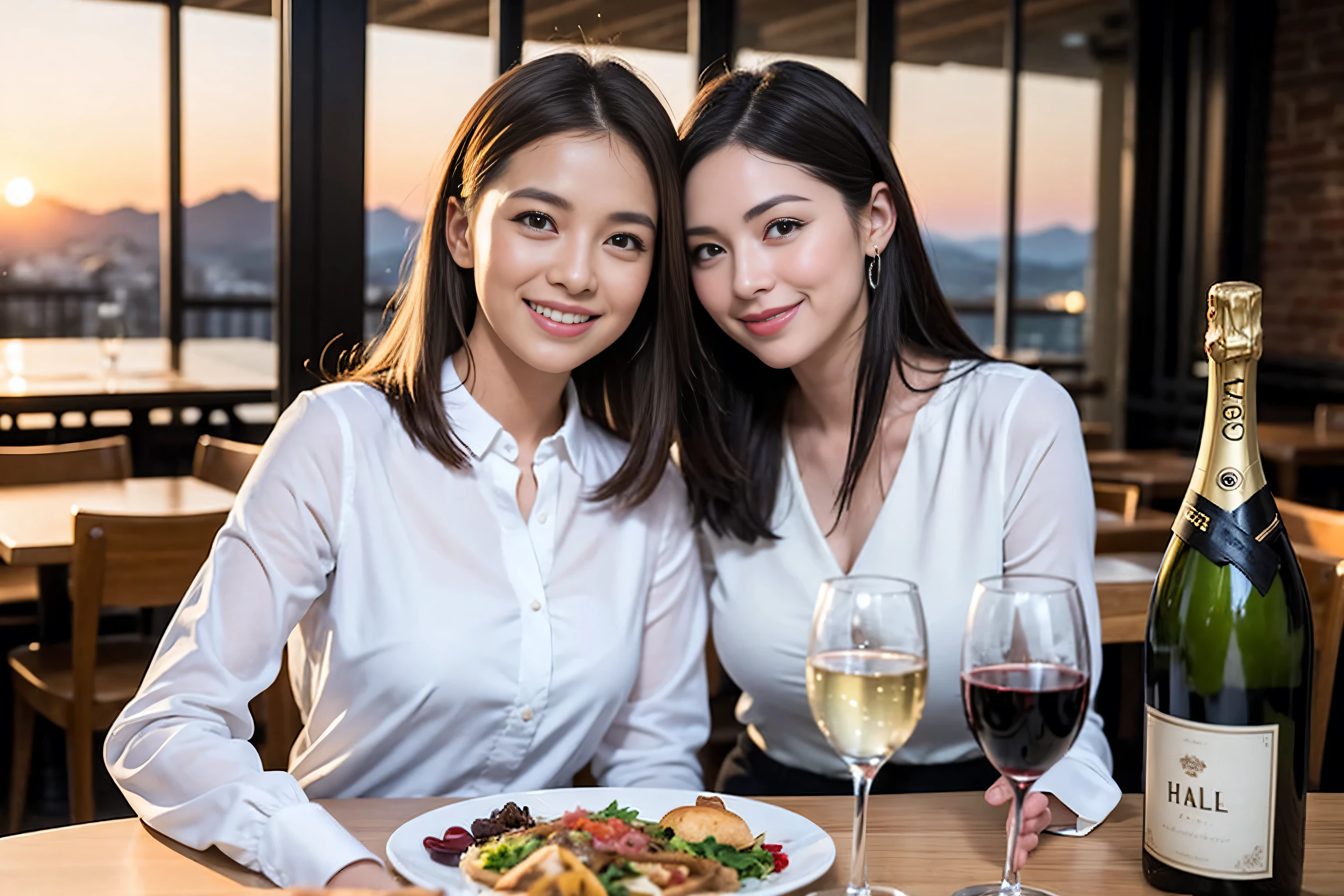 ((highest quality、8k、masterpiece:1.3))、1 male 1 female、Lovers、beautiful couple、Happy Smile、 (Slim face), (The body is スリム), (Brown Hair), (Shortcuts), ((Bob Hale、Straight hair:1.2)), Wine glass on the table、Please put light on my face、 Amazing view of the sunset sky and clouds、Amazing mountain views、The wonderfulness of smiles、Bright image、Blushing, Shortcuts,Bright Face、 (Age 35), 39 years old, red wine 、Appetizers、Italian food、Wine bottle、Champagne、sparkling wine、Long sleeve shirt、dress、Attractive beauty、restaurant, Nova Frog Style, actress, model, Upper Body, White wine, red wine, wine glass, 