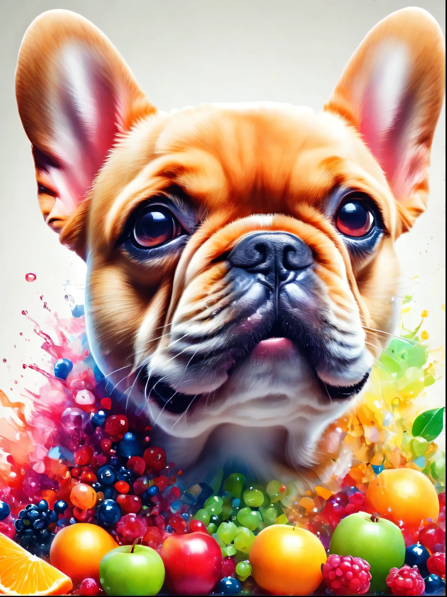 Creative and stylish French bulldog,Inspired by fruit,Material: Colored Acrylic,realism,Ultra Clear Photography,HD Wallpapers,Low Depth of Field Photography,Background bokeh effect