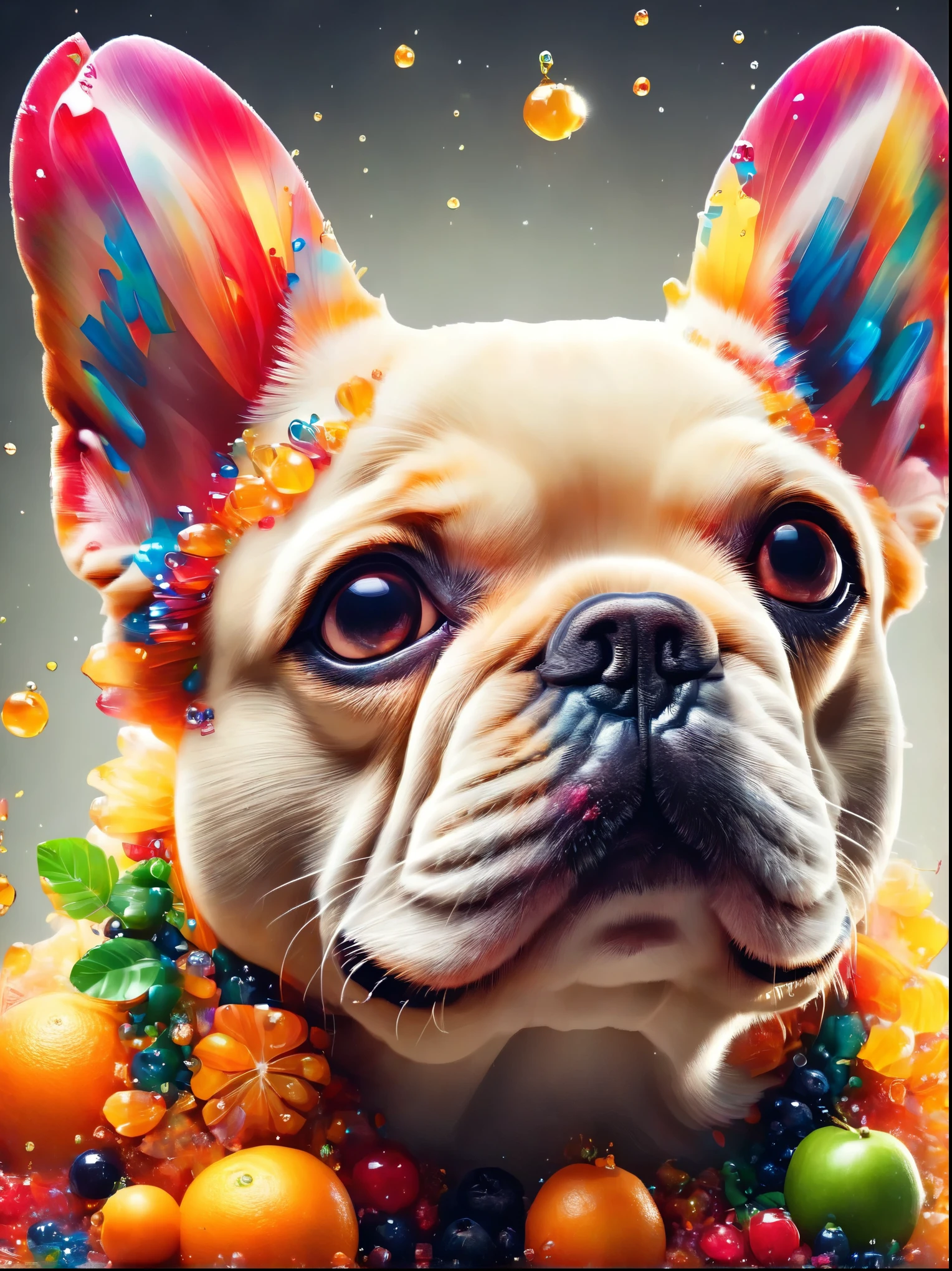 Creative and stylish French bulldog,Inspired by fruit,Material: Colored Acrylic,realism,Ultra Clear Photography,HD Wallpapers,Low Depth of Field Photography,Background bokeh effect