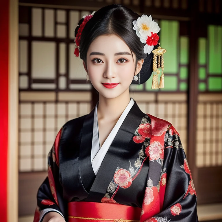 Asian woman Arav in expensive silk kimono,black,red, Posing for pictures, palace , a girl in Hanfu, Hanfu, สวมChinese dressโบราน, traditional chinese clothing, with ancient Chinese clothes, Chinese dress, Inspired by Gu An, traditional beauty, white Hanfu, traditional clothing, ancient chinese beauty
