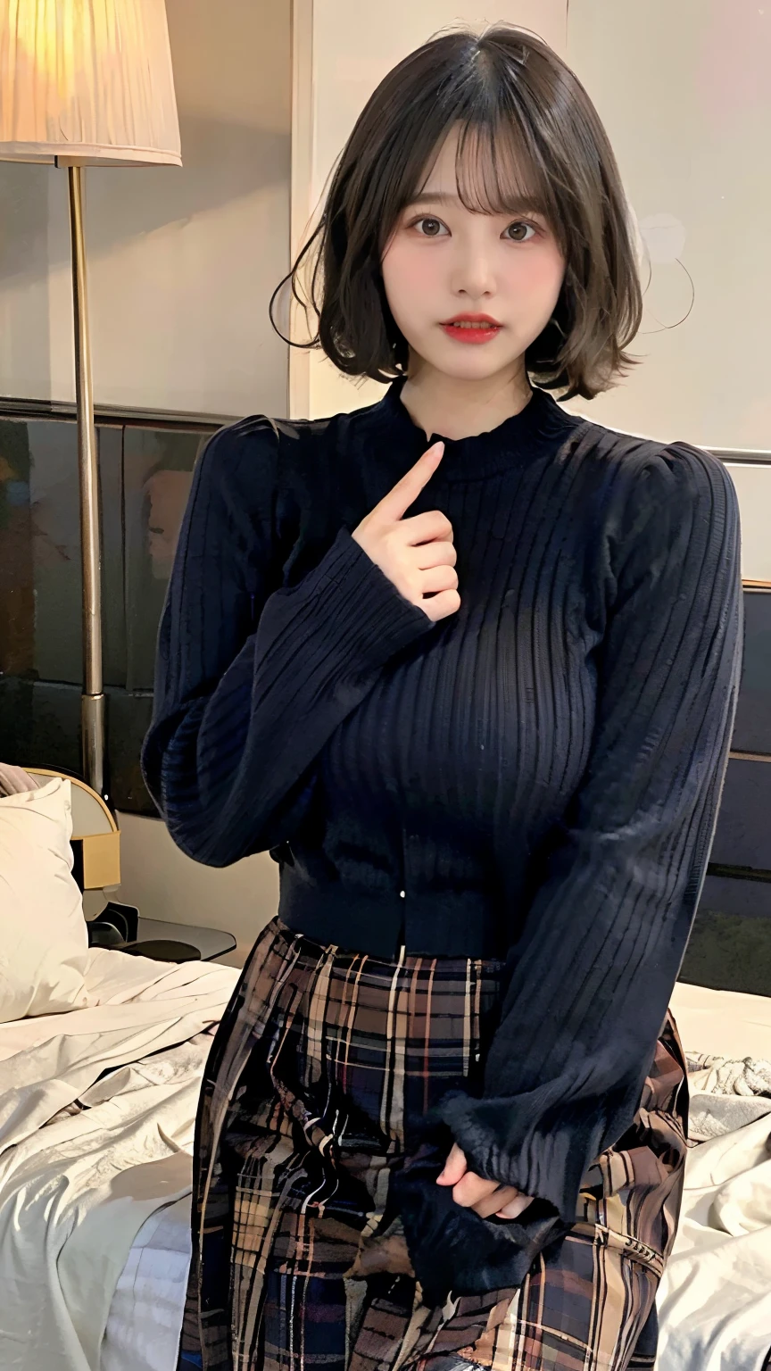 highest quality、Cute 40 year old woman、Black Hair、Bobcut、Are fat、Big Breasts、embarrassed,blush:1.3、Indirect lighting、On the bed、Bell-sleeve-sweater、Flared skirt、