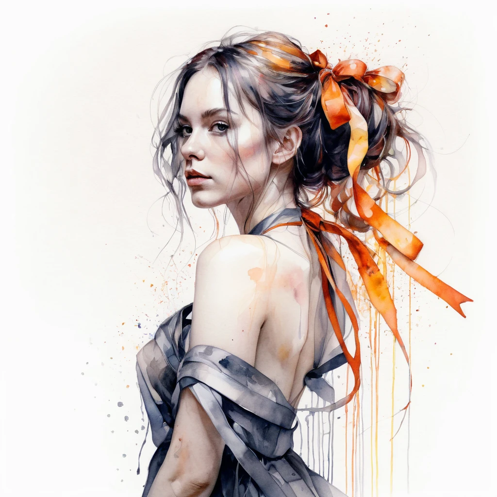 (8k, best quality, masterpiece:1.2),(best quality:1.0), (ultra highres:1.0), pencil artwork, a beautiful woman, shoulder, hair ribbons, by agnes cecile, full body portrait, extremely luminous bright design, (ink:1.3), autumn lights, full body