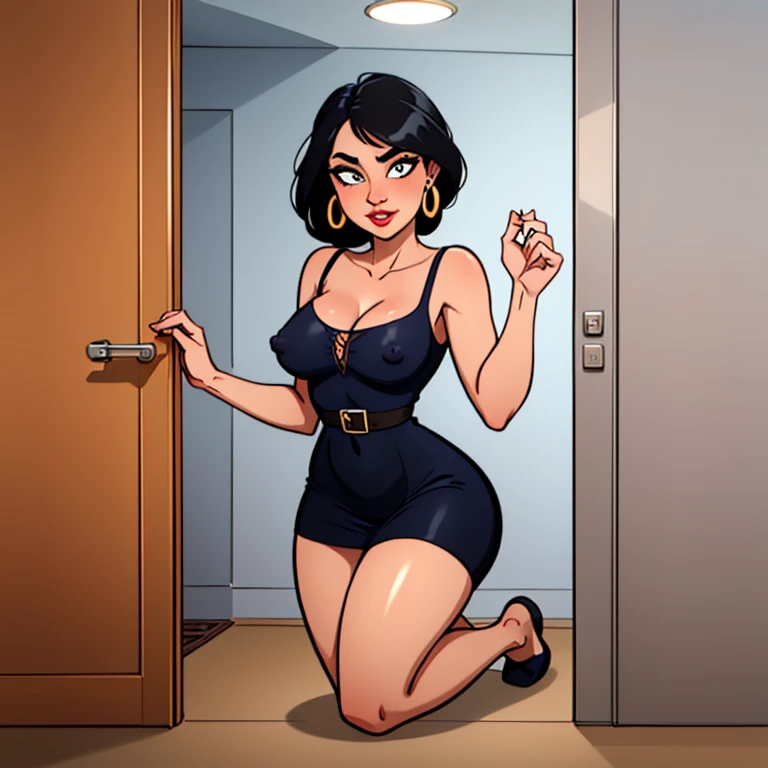 1 woman in a kneeling pose, visible nipples, black hair, blue pupils, delicate face, cute, love earrings, absolute sheer sundress, standing at the door of the police station, playful, ultra hd, masterpiece, best quality, super detail, accurate