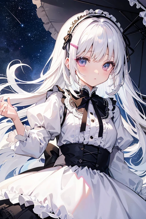 Good vibes!But her hair is white and her clothes are more like a dress with lots of frills and lace, more like Gothic Lolita.。The clothes are all white。The only color left is the pink of my eyes.、Everything else is white。I told you the background is a starry sky on a city rooftop。